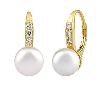 Silvego - Stříbrné/pozlacené náušnice CASSIDY s bílou perlou Swarovski® Crystals LPS0639ESWWGP