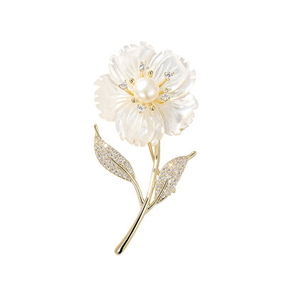 Troli - Brož s pravou perlou v květu a kamínky Gold