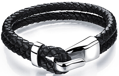 Troli - Černý kožený náramek s ocelovým hákem Leather