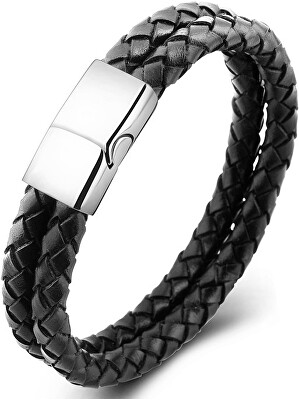 Troli - Dvojitý černý náramek z proplétané kůže Leather