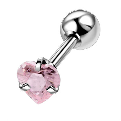 Troli - Ocelová piercingová náušnice s růžovým krystalem Srdíčko
