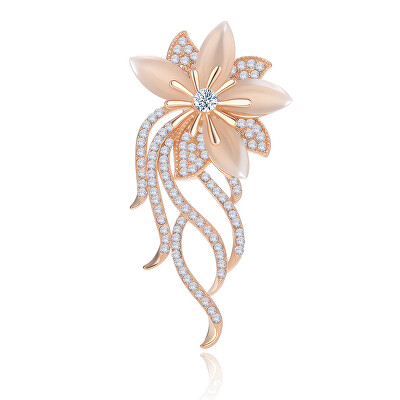 Troli - Pozlacená květinová brož s perletí a zirkony Rose Gold