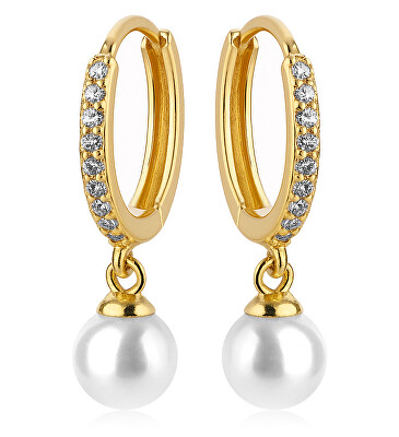 Troli - Pozlacené kruhové náušnice s krystaly a perlou VREPE003GI