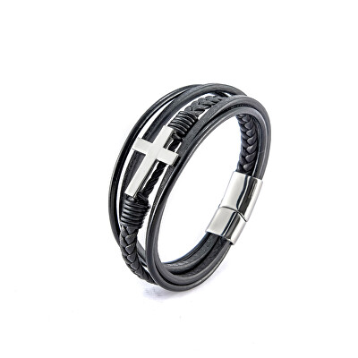 Troli - Stylový kožený náramek s křížkem Leather VBS001SB-PET