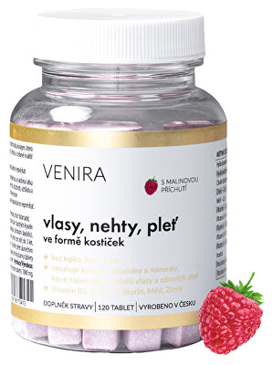 Venira - Kostičky pro vlasy, nehty a pleť s příchutí malina 60 denní kůra 120 kapslí