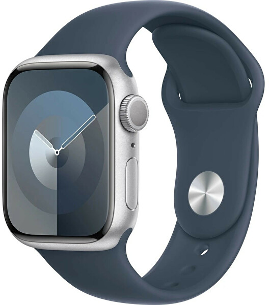 Apple Watch Series 9 41 mm in alluminio argento con cinturino sportivo blu tempesta S/M