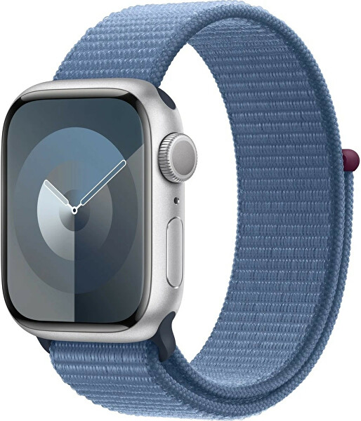 Apple Watch Series 9 45 mm in alluminio argento con cordino blu ghiaccio