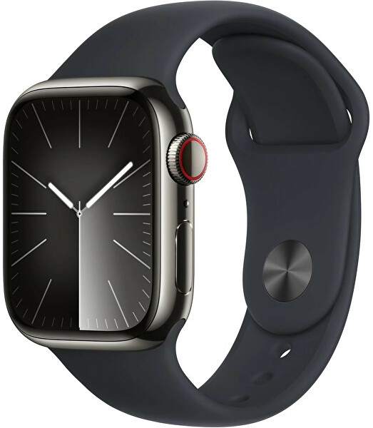 Apple Watch Series 9 Cellular 45mm Grafitová ocel s temně inkoustovým sportovním řemínkem - S/M