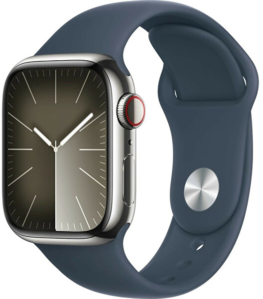 Apple Watch Series 9 Cellular 45mm Stříbrná ocel s bouřkově modrým sportovním řemínkem - M/L