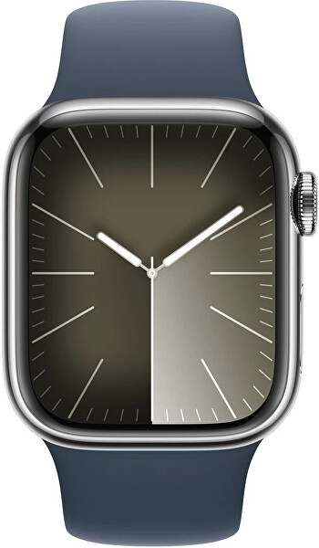 Apple Watch Series 9 Cellular 41mm Stříbrná ocel s bouřkově modrým sportovním řemínkem - S/M