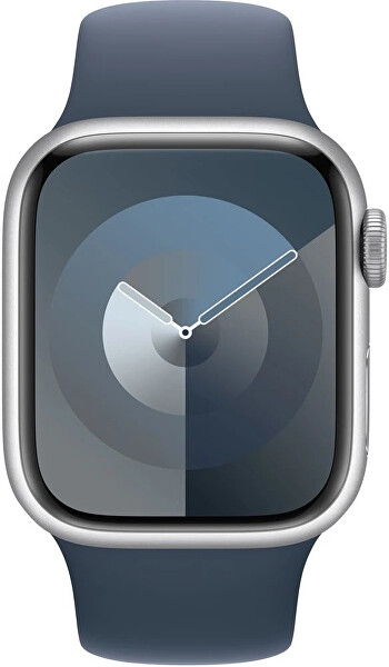 Apple Watch Series 9 Cellular 45mm Stříbrný hliník s bouřkově modrým sportovním řemínkem - S/M