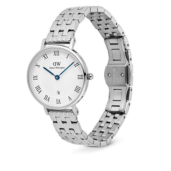 Petite 28 Roman Numerals Date 5-Link White Silver DW00100859