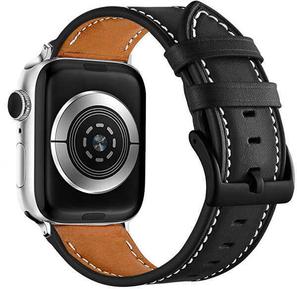 Fehér varratokkal ellátott bőrszíj Apple Watch-hoz  - Black 38/40/41 mm