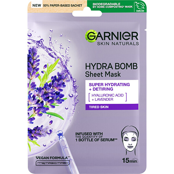 Hidratáló textilmaszk a fáradtság jelei ellen levendula kivonattal Skin Naturals Hydra Bomb (Tissue Mask) 28 g