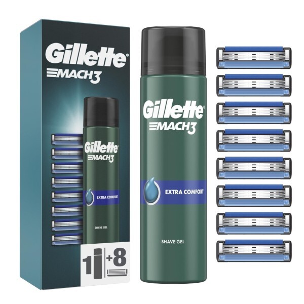Náhradná hlavica Gillette Mach3 8 ks + Gél na holenie Extra Comfort (Shave Gel) 200 ml