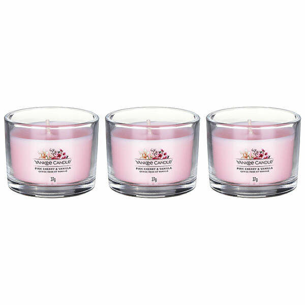 SLEVA - Sada votivních svíček ve skle Pink Cherry Vanilla 3 x 37 g - poškozená krabička