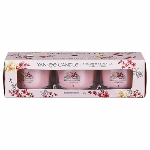 ZĽAVA- Sada votívnych sviečok v skle Pink Cherry Vanilla 3 x 37 g - poškodená krabička