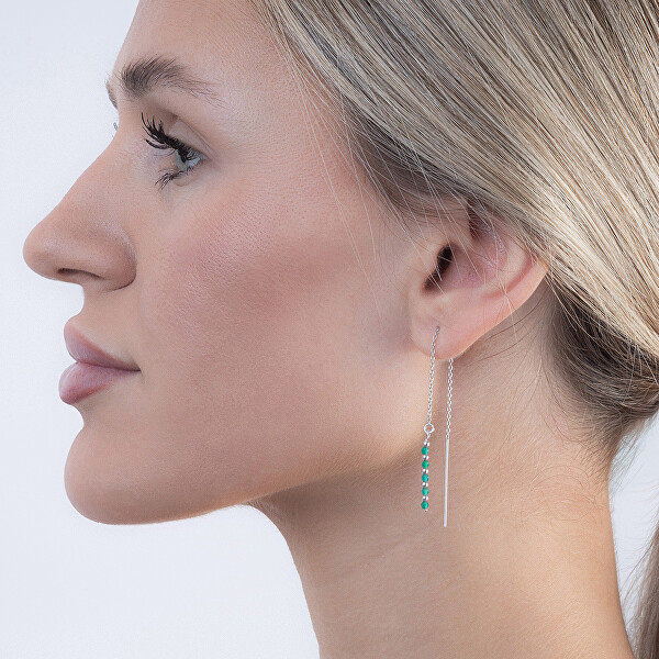 Stříbrné řetízkové náušnice se smaragdem AJKNS002