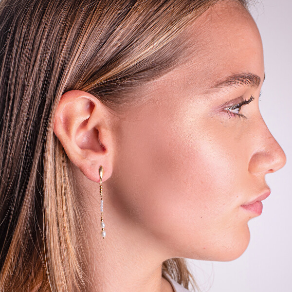 Dlouhé pozlacené náušnice s pravými perlami a zirkony AL4814.01.000