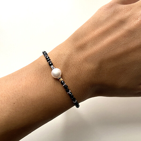 Perlenarmband aus schwarzem Spinell mit echter Perle AL4108-Argento-Spinello