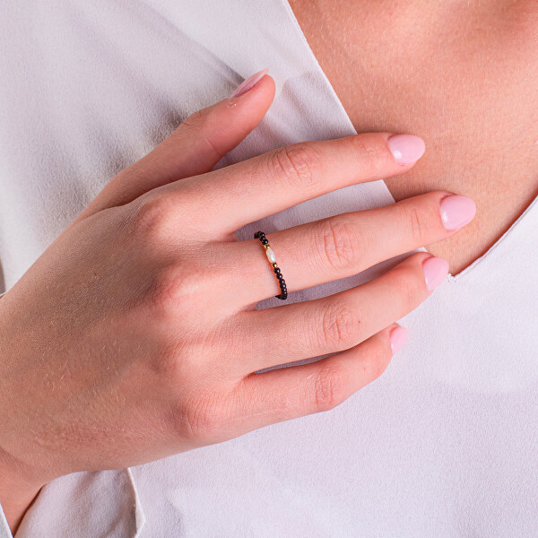 Pozlacený korálkový prsten s pravou perlou a achátem AL5258.01.000.D