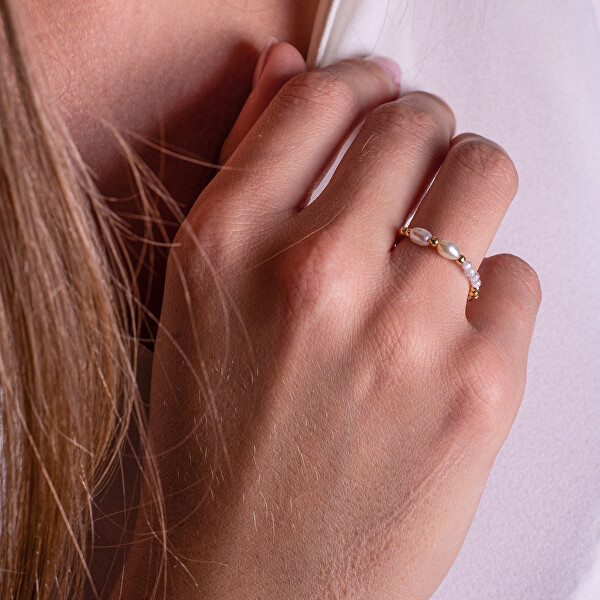 Pozlacený korálkový prsten s pravou perlou AL4815-Oro