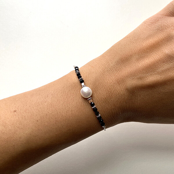 Silberarmband mit schwarzem Spinell und Flussperle AL4110-Argento-Spinello