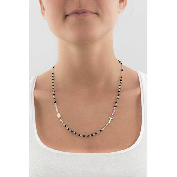 Nadčasový strieborný náhrdelník s čiernymi kryštálmi Rosary CRO25BNZ3