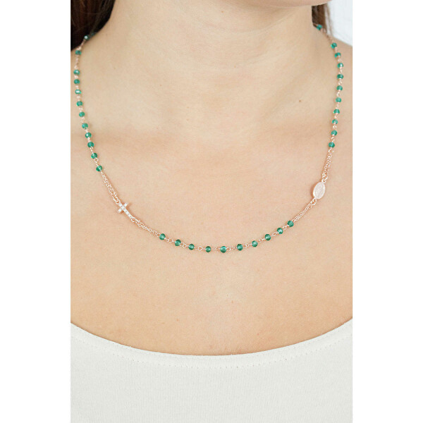 Růžově pozlacený náhrdelník se zelenými krystaly Rosary CRORVZ3