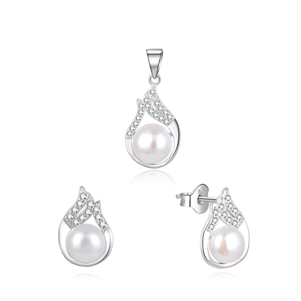 Elegantní stříbrná souprava šperků s pravými perlami AGSET220PL (přívěsek, náušnice)