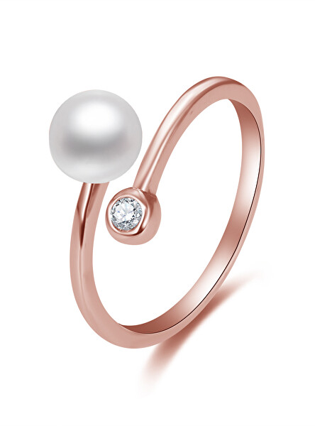 Otvorený bronzový prsteň s pravou perlou a zirkónom AGG469P-RG