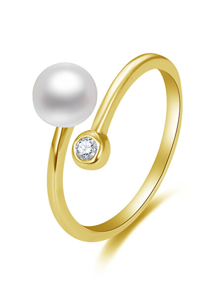 Otevřený pozlacený prsten s pravou perlou a zirkonem AGG469P-G