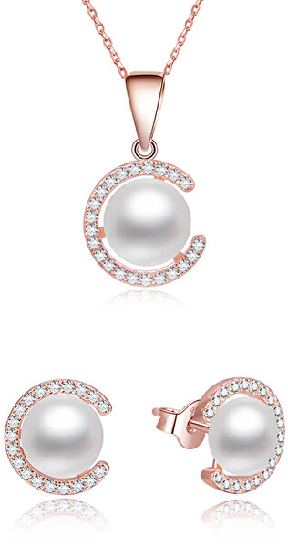 Pozlacená souprava šperků ze stříbra s pravými perlami AGSET285P-ROSE (náhrdelník, náušnice)