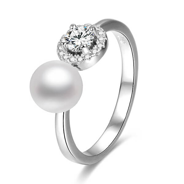 Otevřený stříbrný prsten se zirkony a perlou AGG339