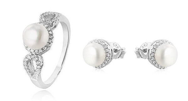 Set di gioielli con perle e zirconi (orecchini, anello circonferenza 50 mm)