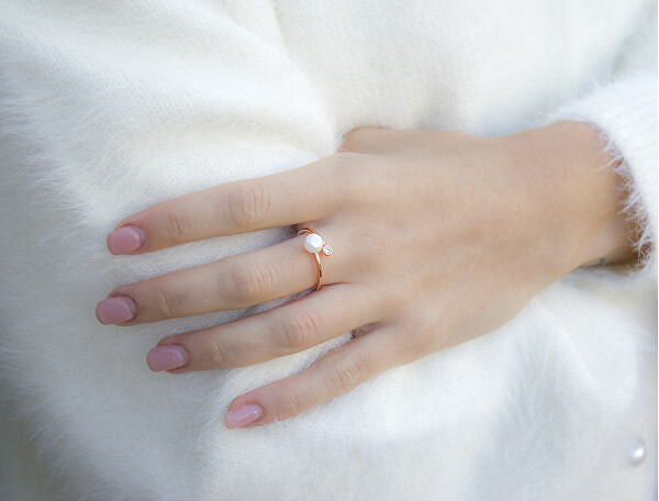 Otevřený bronzový prsten s pravou perlou a zirkonem AGG469P-RG