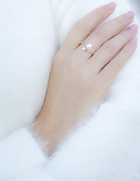 Anello aperto in argento con vera perla e zircone AGG469P