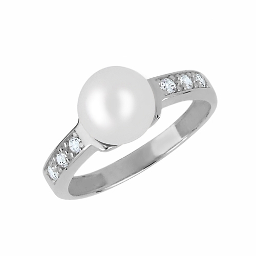 Inel fermecător din aur alb cu cristale și perlă autentică 225 001 00237 07