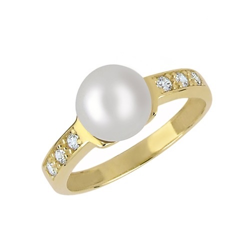 Půvabný prsten ze žlutého zlata s krystaly a pravou perlou 225 001 00237