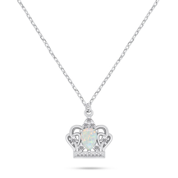 Blyštivý stříbrný náhrdelník Korunka s opálem NCL138W