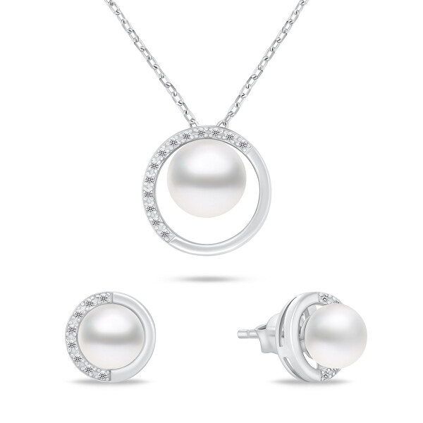 Elegante parure di gioielli con perle autentiche SET251W (orecchini, collana)