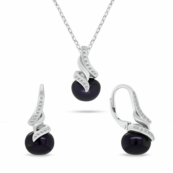 Elegantní set šperků s tmavými perlami SET298WBC (náušnice, náhrdelník)