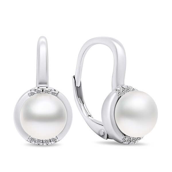 Elegantné strieborné náušnice s perlami a zirkónmi EA384W