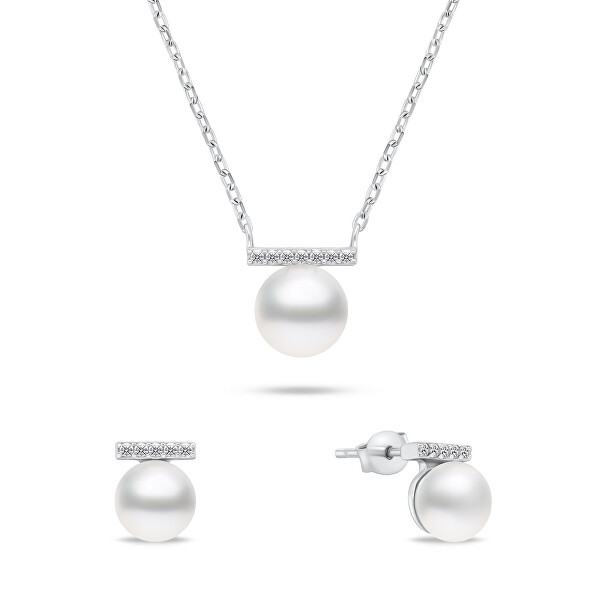 Elegantný strieborný set šperkov s perlami SET249W (náušnice, náhrdelník)