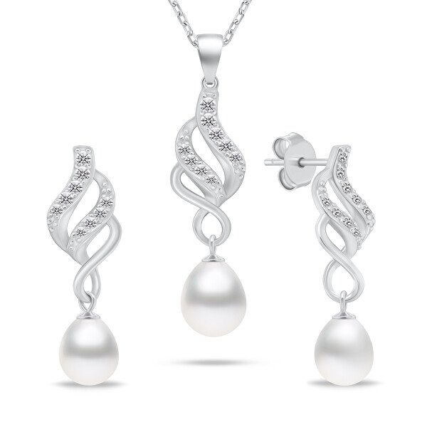 Elegante set di gioielli in argento con zirconi e perle SET267W (orecchini, collana)