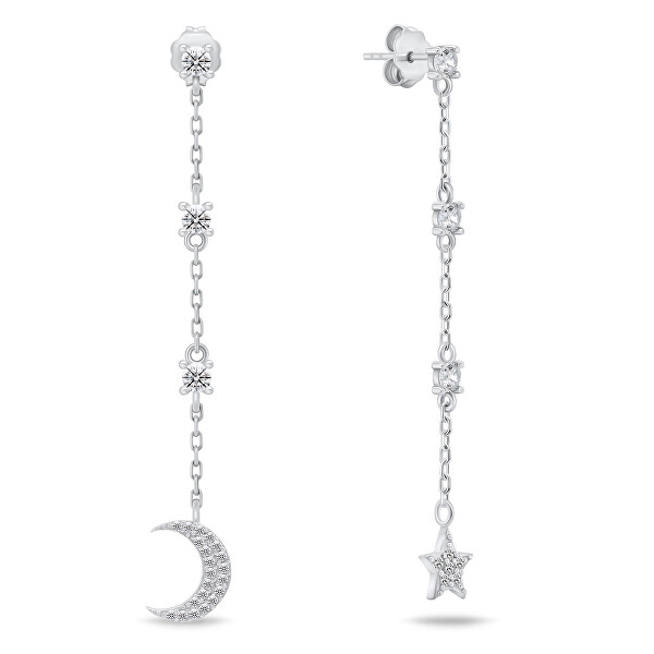 Lange silberne Ohrringe Mond und Stern mit Zirkonen EA832W