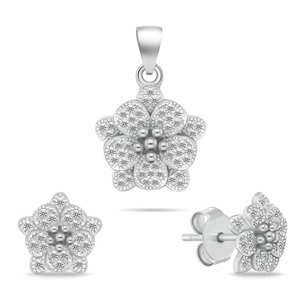 Set de bijuterii cu zirconiu, argint, floral SET264W (cercei, pandantiv)