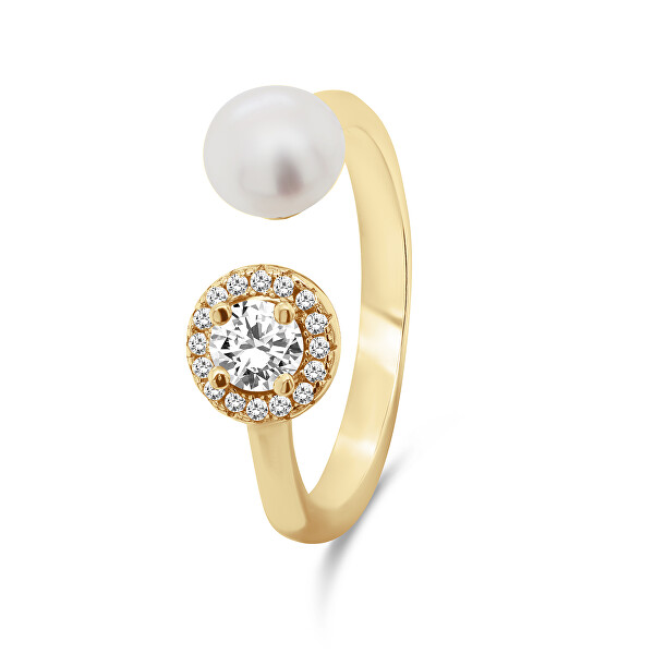 Gyönyörű aranyozott gyűrű valódi gyönggyel és cirkónium kövekkel RI062Y