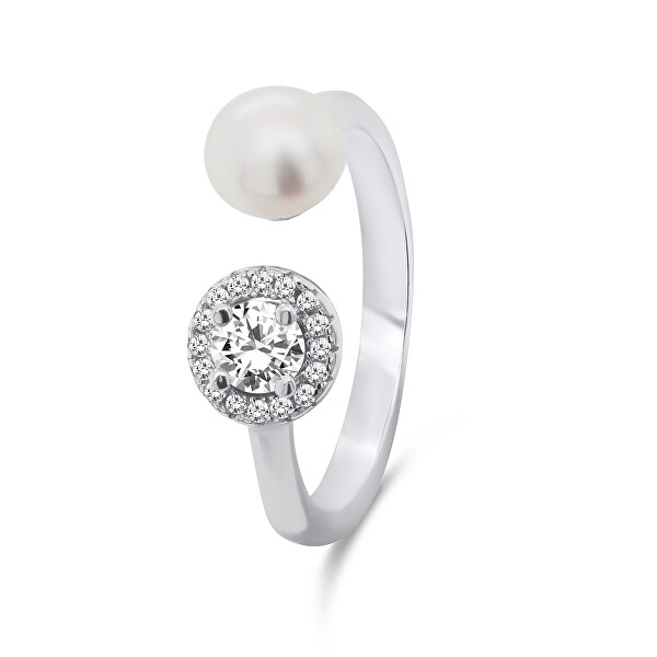Elegantný strieborný prsteň s pravou perlou a zirkónmi RI062W