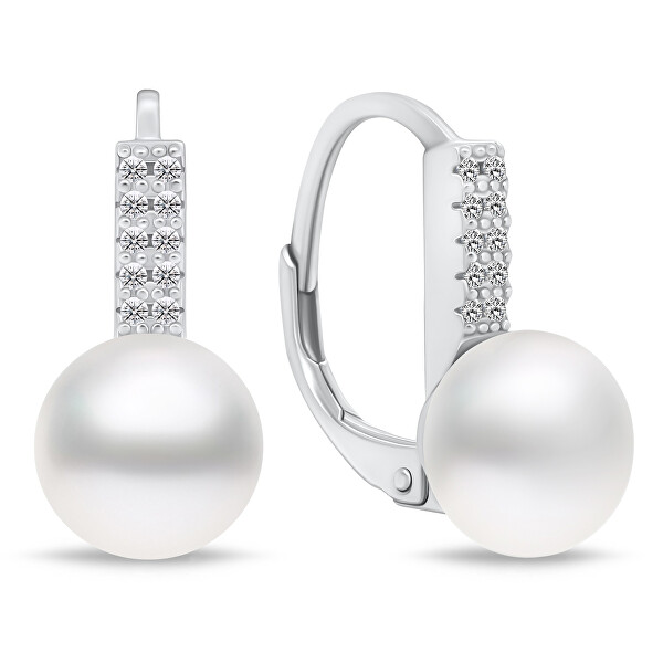 Pôvabné strieborné náušnice s perlou a zirkónmi EA94